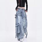 Female Trendy Loose Straight Wide Leg Denim Pants American Style High Street Three-dimensional With ribbons Design Pants