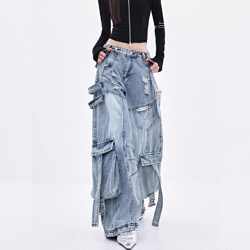 Female Trendy Loose Straight Wide Leg Denim Pants American Style High Street Three-dimensional With ribbons Design Pants