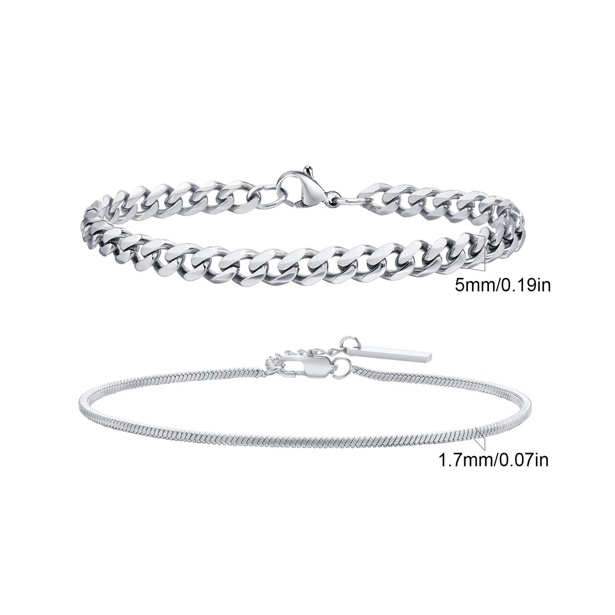 Hiphop 2pcs Stacked Chan Bracelets for Men Boys,Stainless Steel Cuban Chain Wristband,18/21/23CM