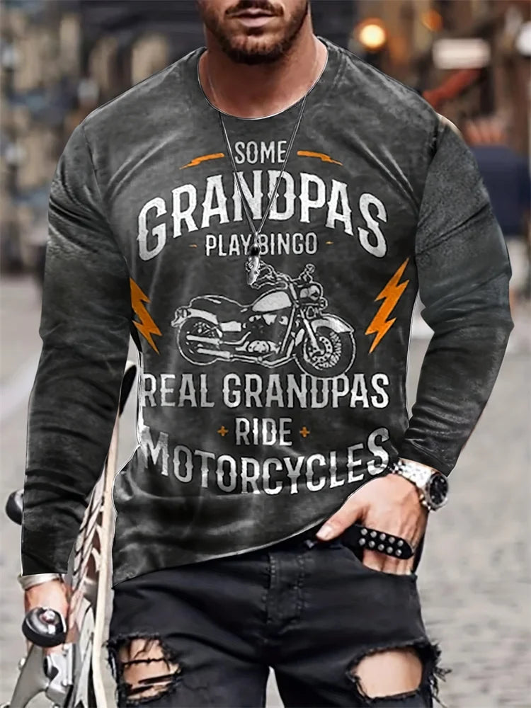 Vintage Motorcycle Print Men's Long Sleeve T-shirt Autumn Daily Head Fashion Men's Top Motorcycle Enthusiast Long Sleeve T-shirt
