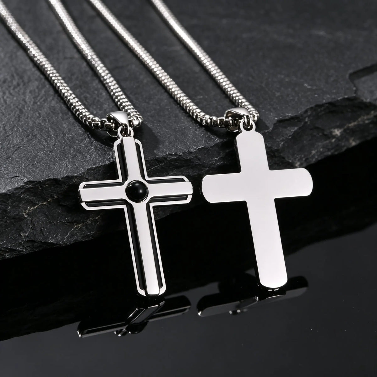 Men Black Agate Enamel Cross Pendant Necklace,Punk Waterproof Stainless Steel Cross Pendant Neckalce,Birthday Party Jewelry Gift