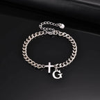 Men's Initials Cross Bracelets,Never Fade A-Z 26 Letters Stainless Steel Chain Links Cross Wristband,Stylish Simple Jewelry Gift