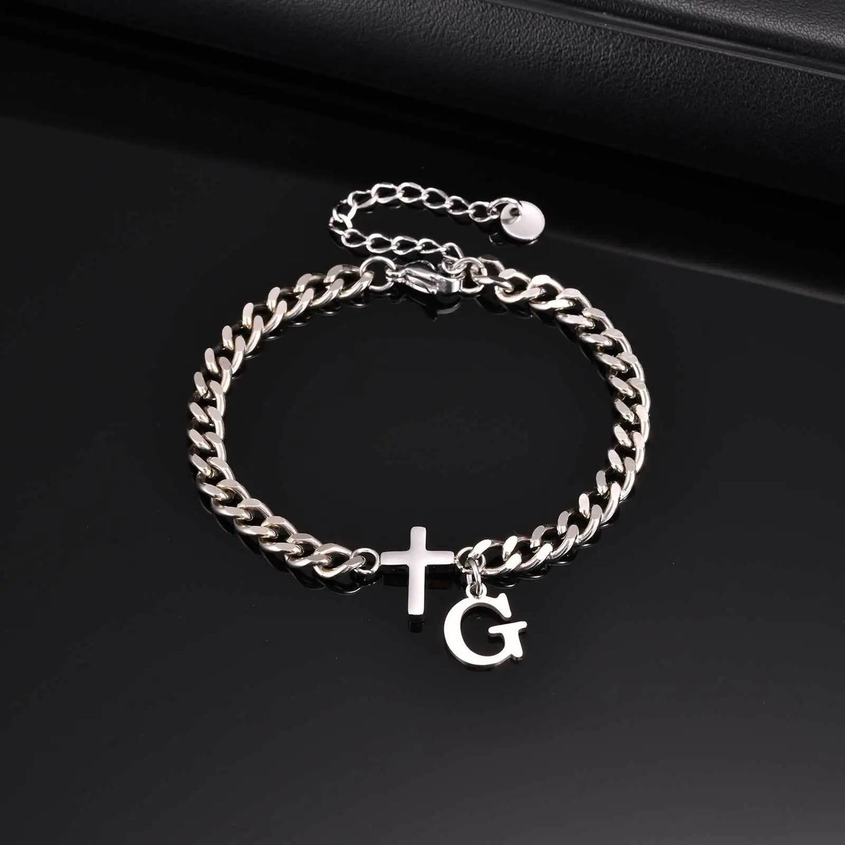Men's Initials Cross Bracelets,Never Fade A-Z 26 Letters Stainless Steel Chain Links Cross Wristband,Stylish Simple Jewelry Gift
