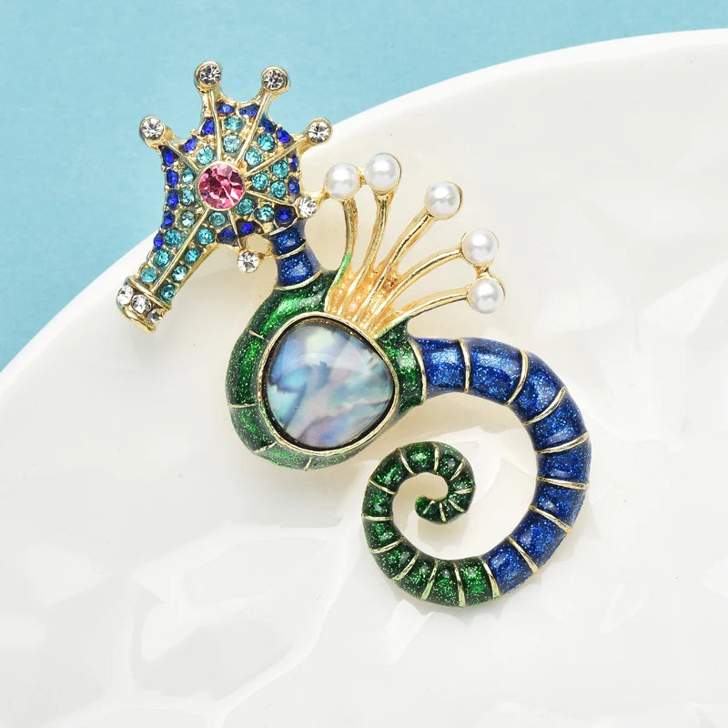 Wuli&baby Blue Rhinestone Shell Seahorse Brooch Pin Fashion Jewelry