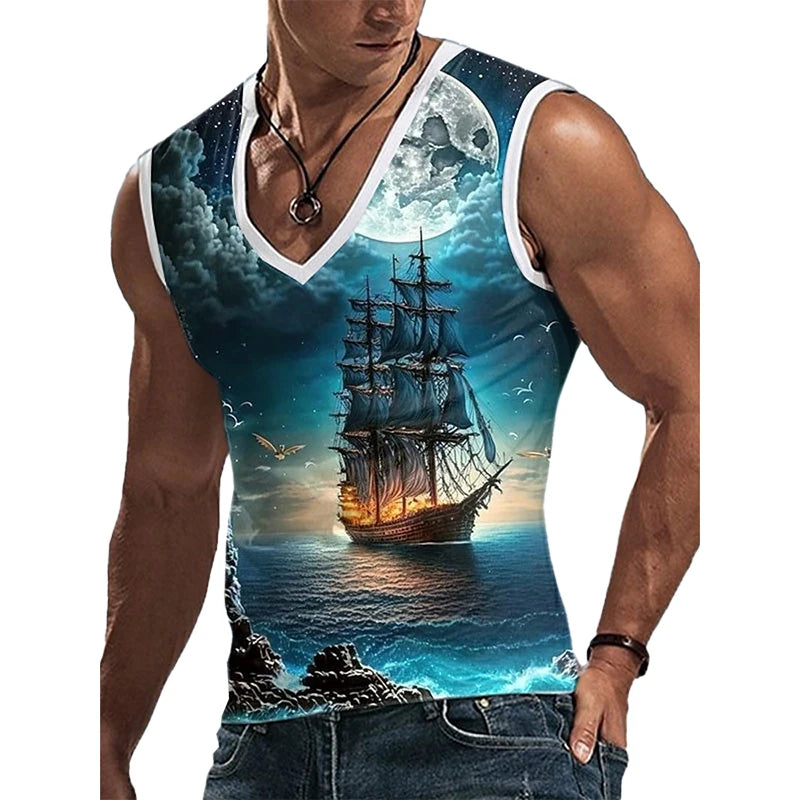 Street Style Stylish Men's V-neck Tank Top Summer Outdoor Casual Men's Tank Top Running Men's Comfortable Vest Pirate Ship Print