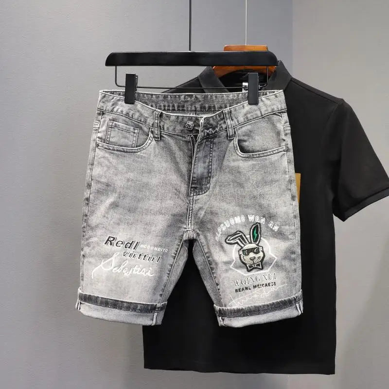 Korean Fashion Kpop Men's Casual Streetwear Boyfriend Designer Denim Shorts with Rabbit Embroidery for Summer Grey Short Jeans