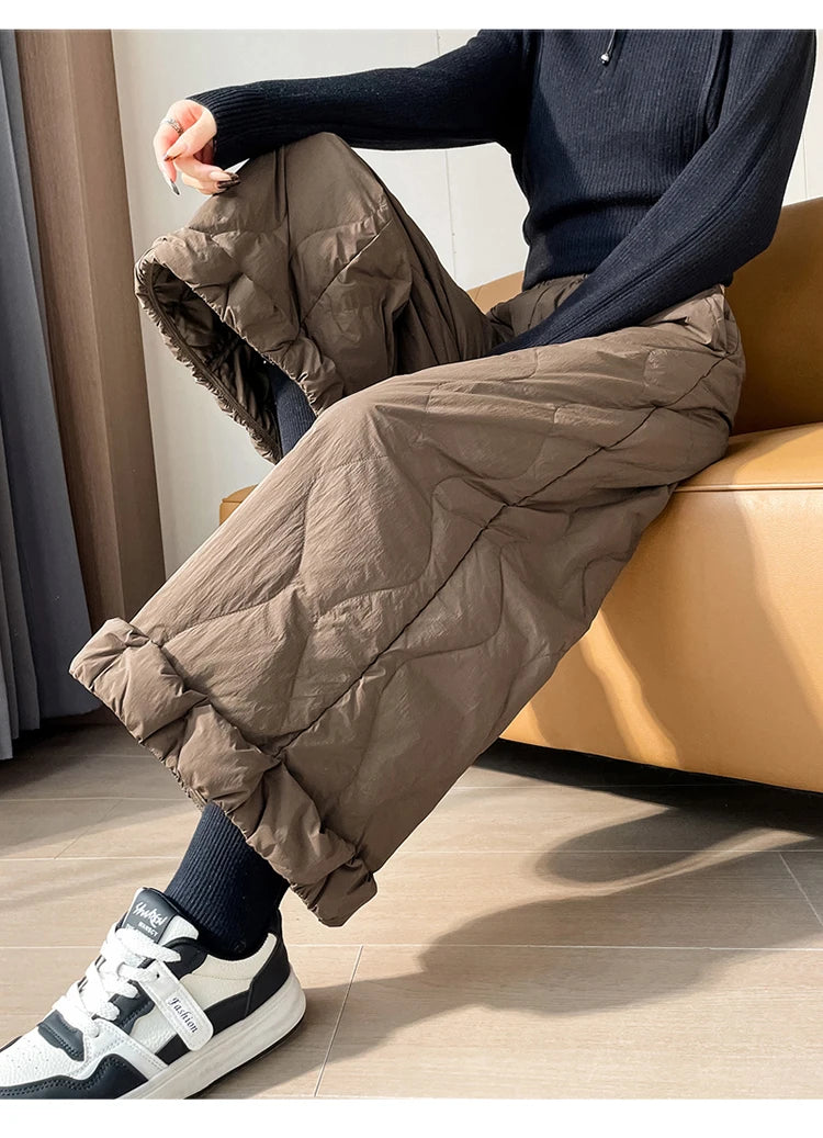 Elastic waist design down pants women winter cold resistant and warm high waist loose hanging casual straight leg pants