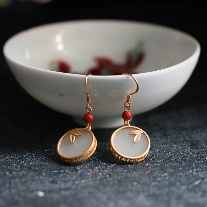 VENTFILLE Hetian Jade Ear Hook Earring Women's High-end Temperament Ethnic Style Retro Earrings Cloisonne Craft Dangler Gift