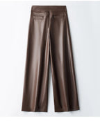 Autumn new high waisted leather pants women straight leg loose and fashionable versatile commuting solid color trousers
