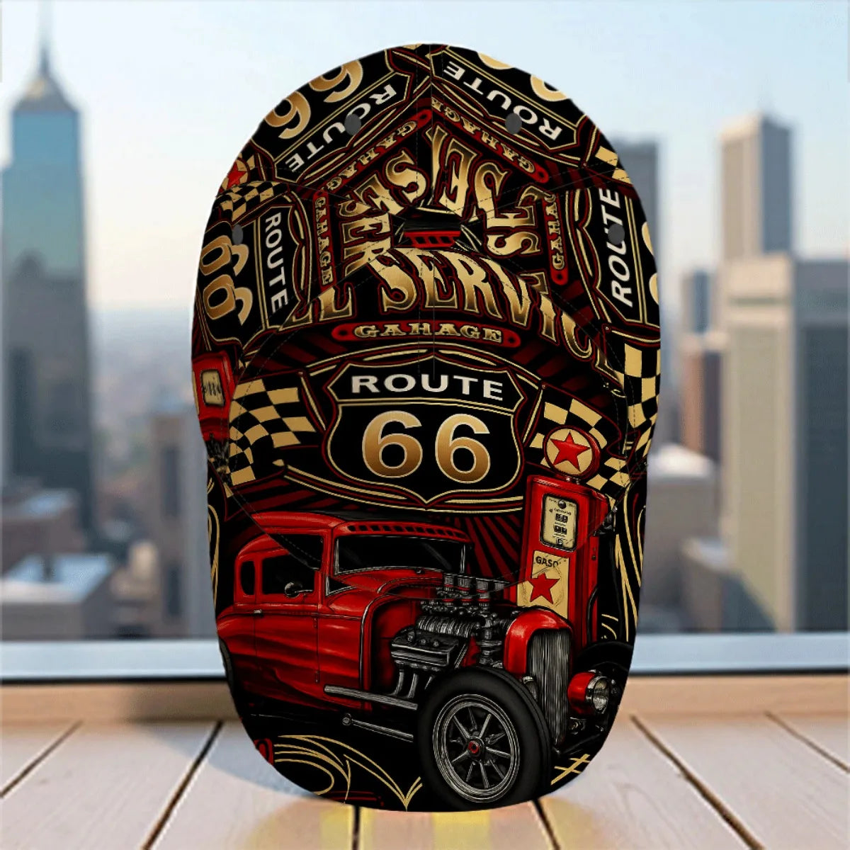 1pc Featuring a Route 66 Hot Rod Garage Design, This All-Over Print Duckbill Hat Has a Fitted Closure And Is Stylishly Hand Wash