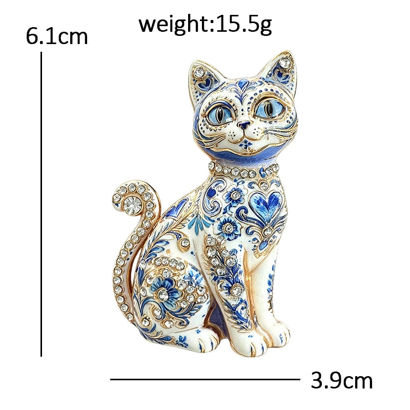 PENDRA Painted Enamel Rhinestone Cat Brooch