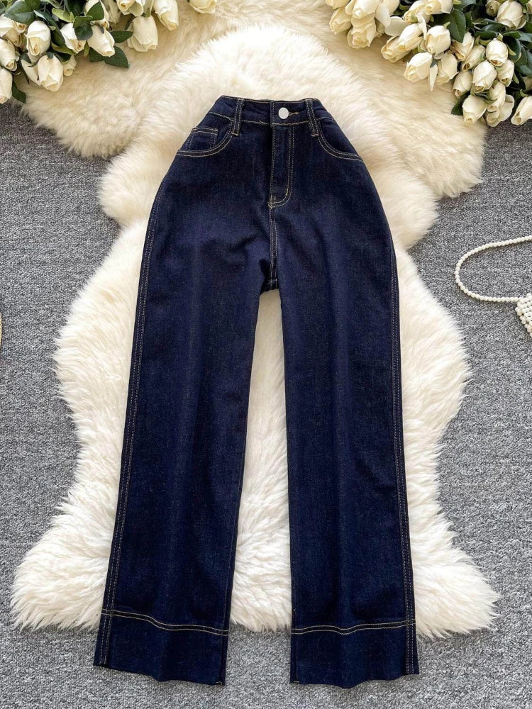 Korean style chic fashionable jeans women in 2026 spring fashion design sense spliced high waist retro nine cropped pants