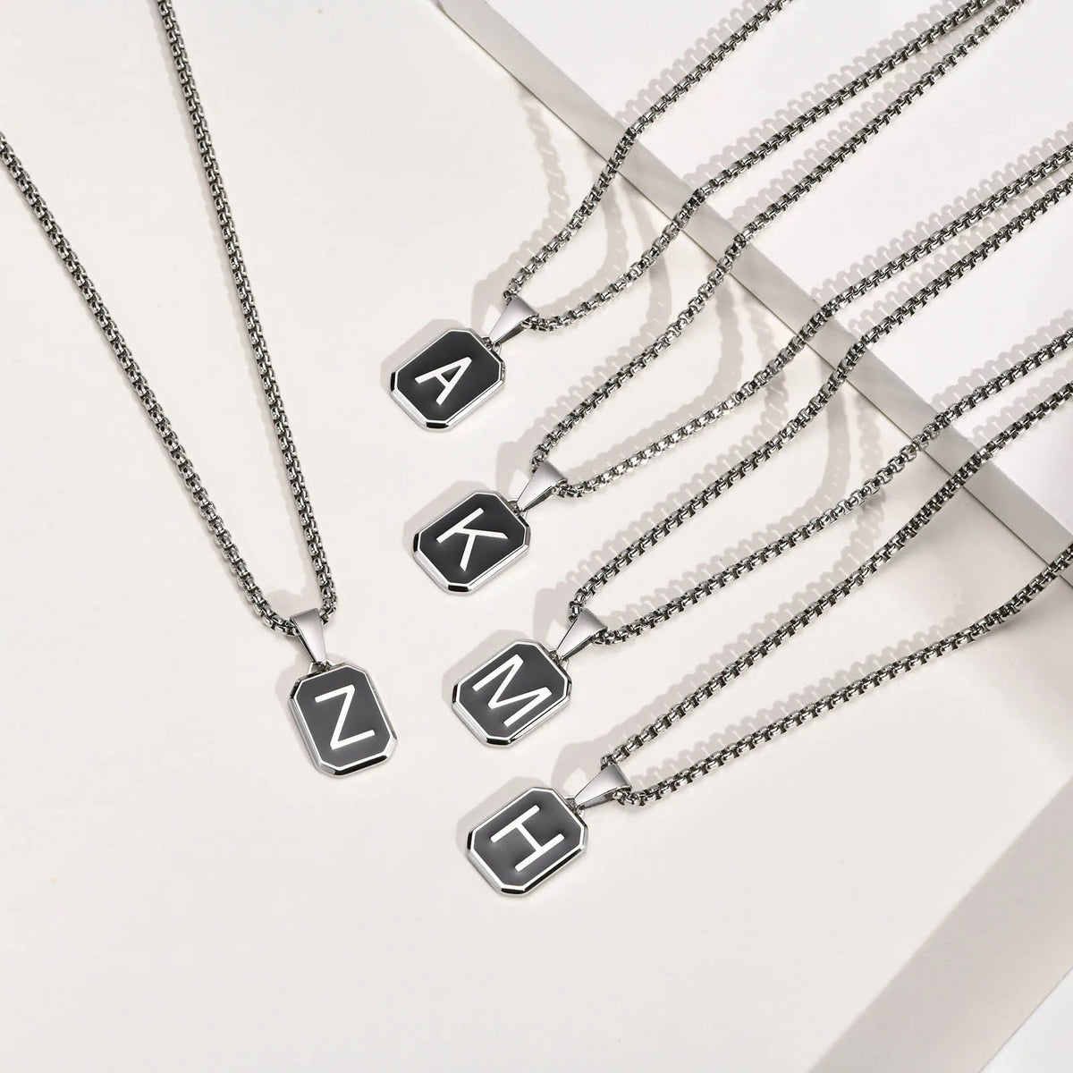Stylish Initials Square Necklaces for Men Boys,A-Z 26 Letters Stainless Steel Pendant Collar Gifts,50/55/60/70cm