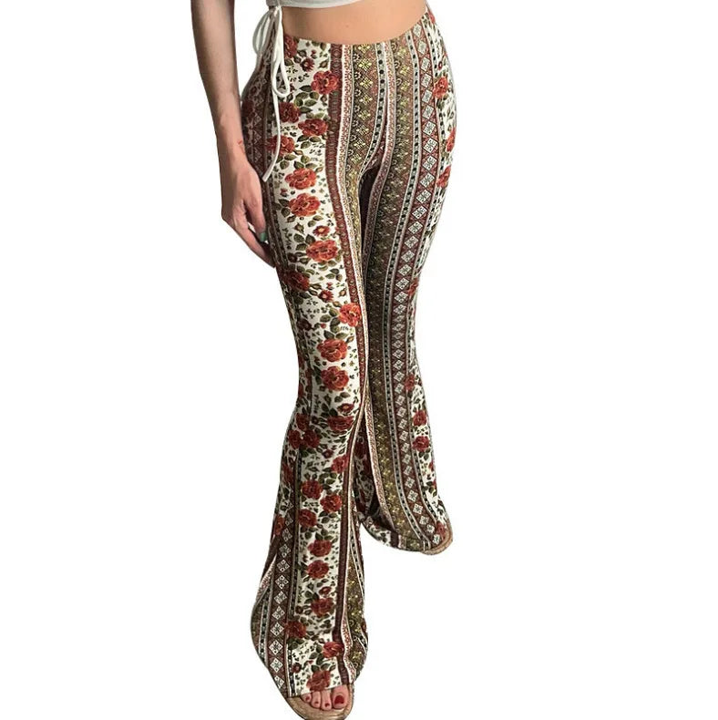 Vintage Boho Spring Floral Print Casual Pants Fashion new high elasticity tight fitting micro flared Yoga Joggers pants