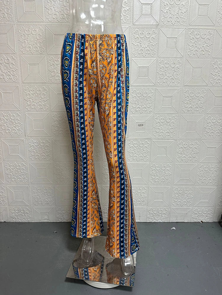 Vintage Boho Spring Floral Print Casual Pants Fashion new high elasticity tight fitting micro flared Yoga Joggers pants