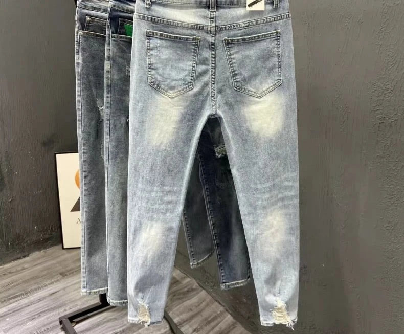 Summer New 2026 Ripped Jeans Men's Trendy Brand Casual Elastic Slim Fit Small Feet Ruffian Handsome Beggar Pencil Pants
