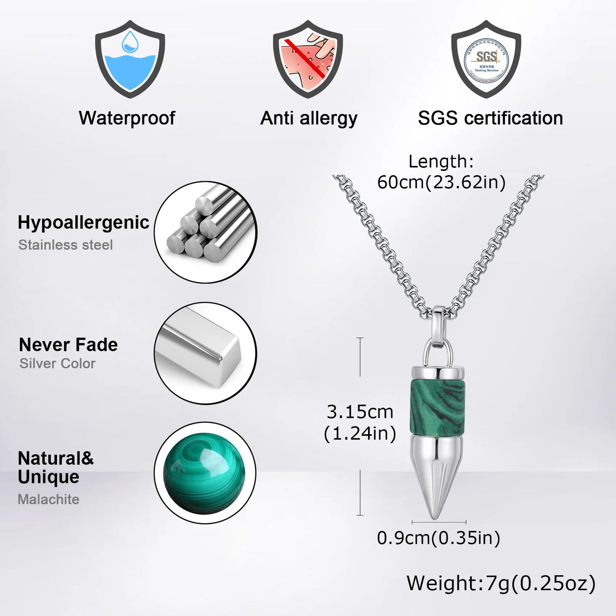 Stylish Bullet Necklaces for Men,Stainless Steel Natural Stone Pendant Necklace,Healing Jewelry Gift for Father Husband Son