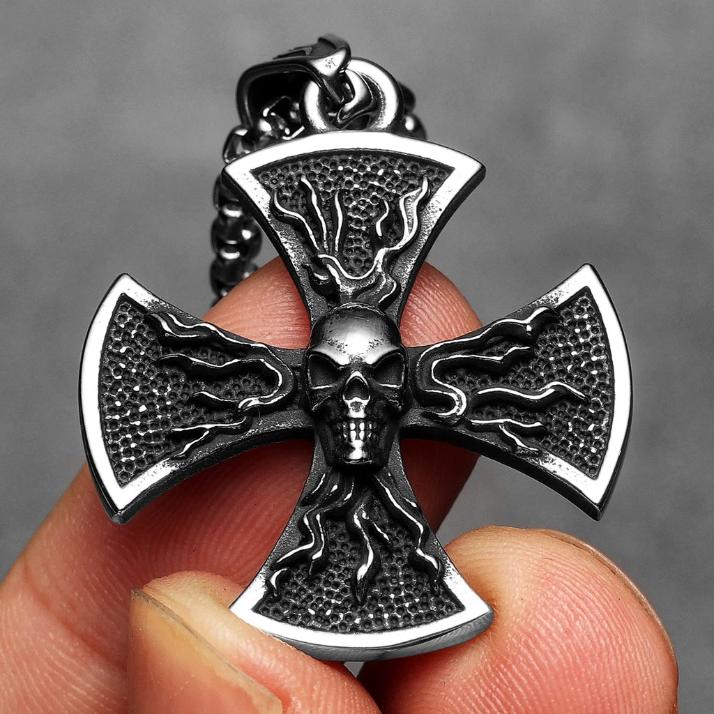 PENDRA Flame Skull Cross Steel Necklace