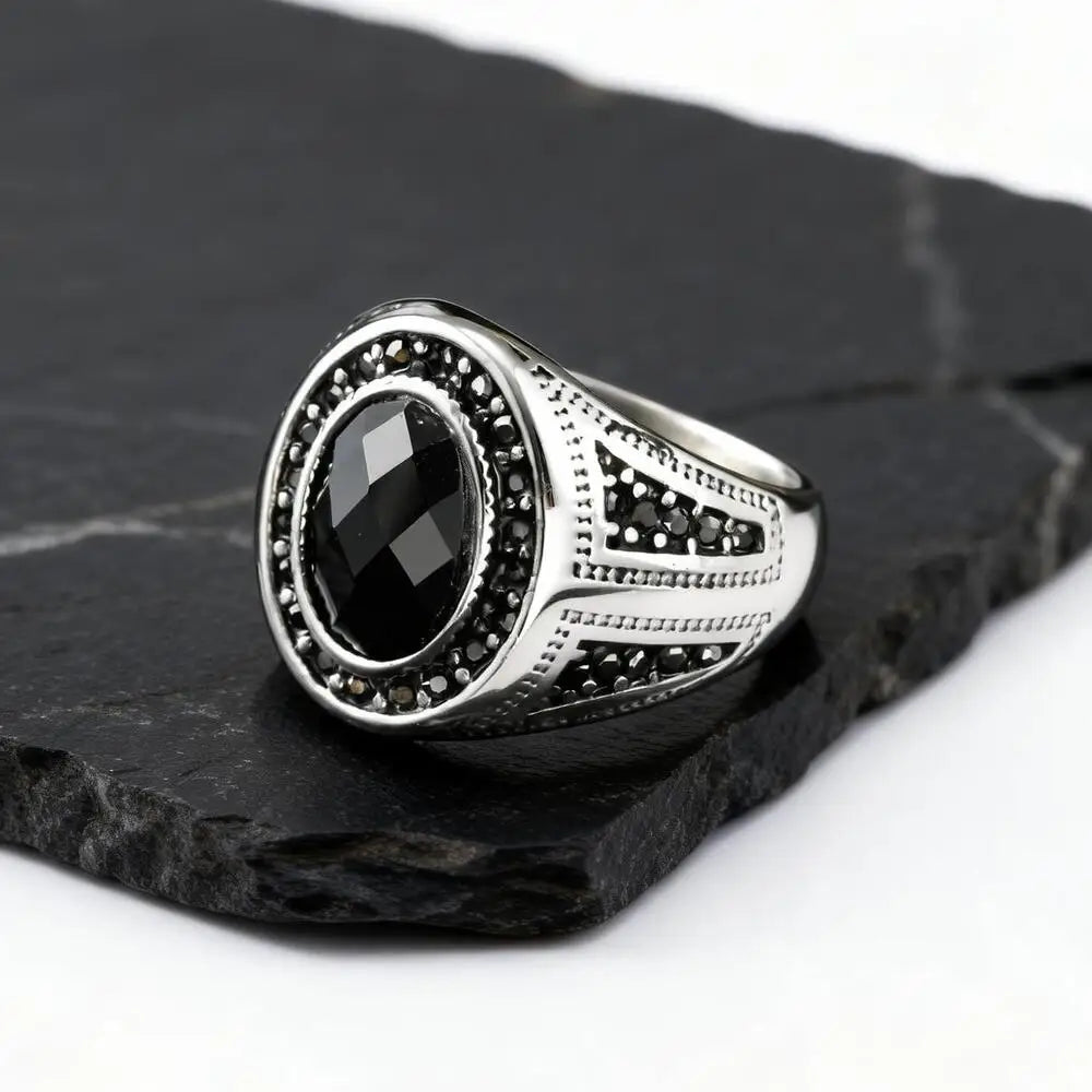 Stylish Faceted Black Stone Ring for Men,Waterproof Stainless Steel Oval Ring,Birthday Party Gift for Him Dad