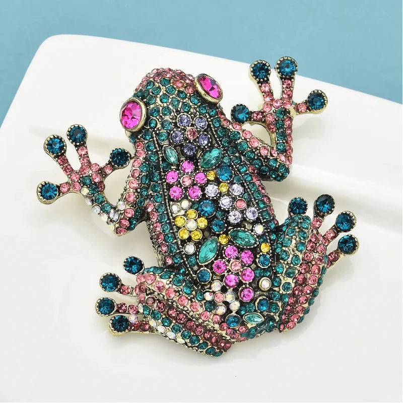PENDRA Regal Frog Multicolor Rhinestone Brooch