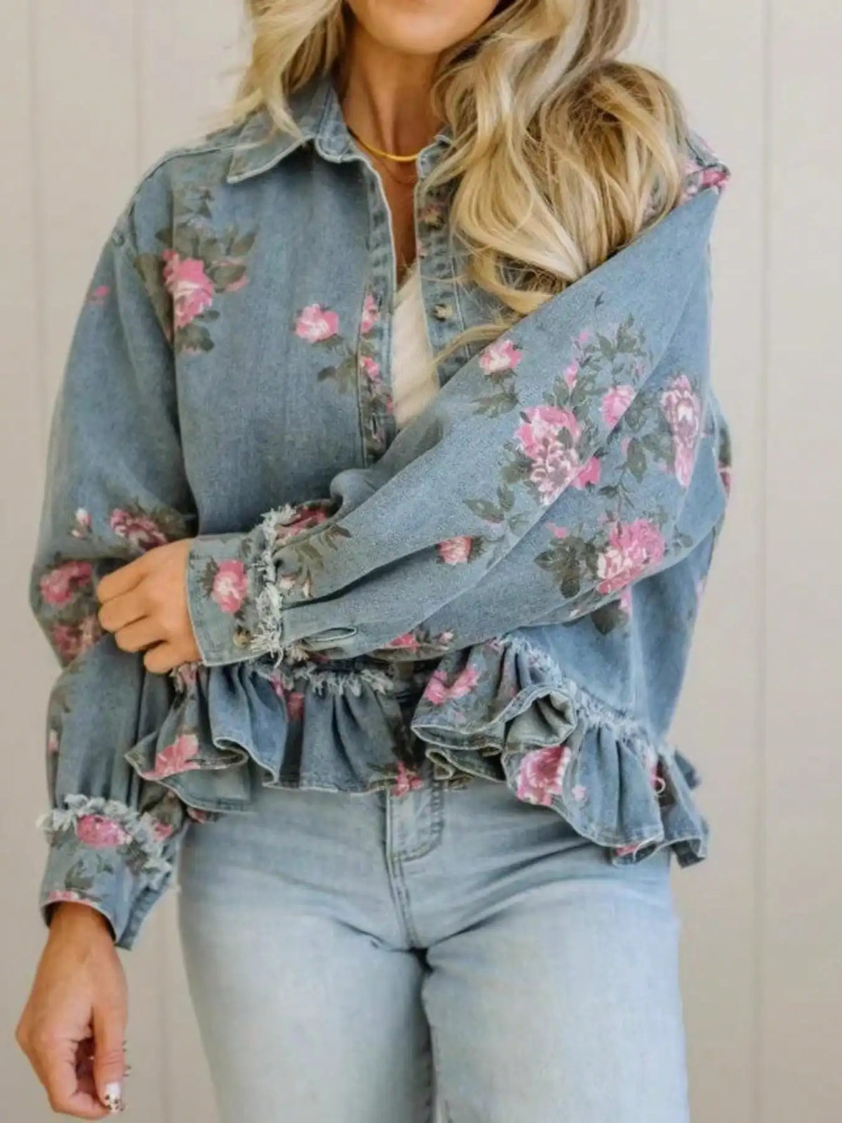 New Women's Retro Washed Floral Print Denim Jacket, Long-sleeved, Collared, Ruffled Hem, Short Jacket, Summer outfits for womener.