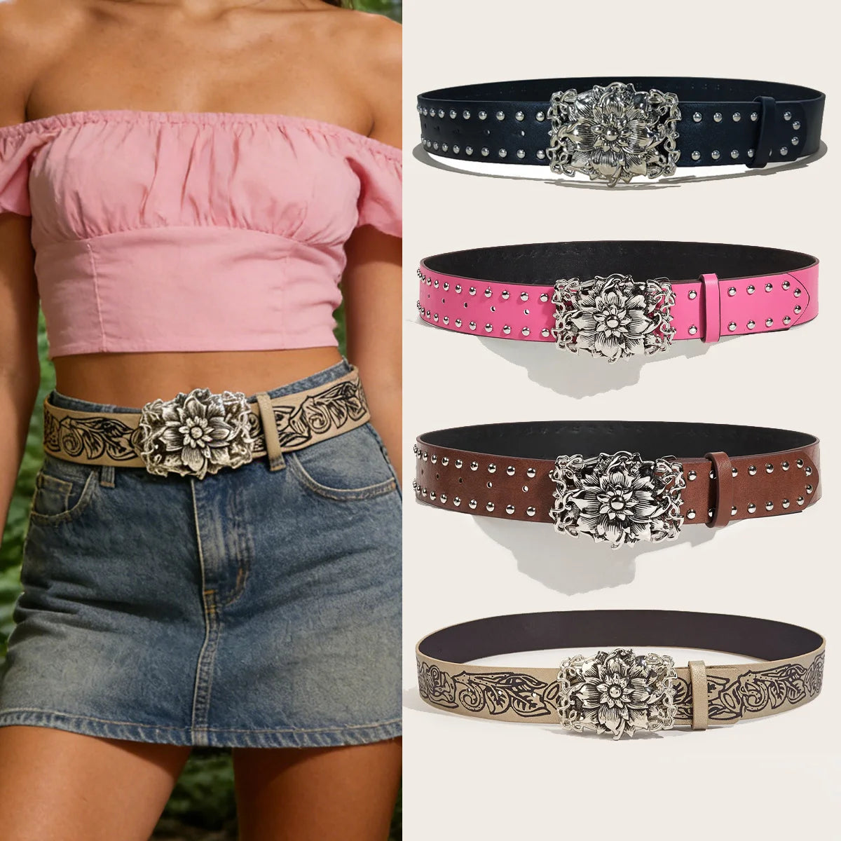 retro Punk style personalized retro embossed hollow Pink belt hot girl versatile gothic dark style Jeans belt For Women Y2K Belt