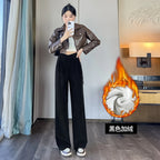 Corduroy pants women autumn and winter new Chinese style buckle casual thick solid color versatile wide leg pants
