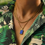 Casual Stainless Steel Men's Rectangular Necklace,Blue Natuarl Stone Lapis Lazuli Pendant,Birthday Father Anniversary Gift
