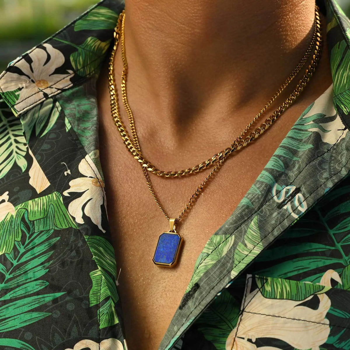 Casual Stainless Steel Men's Rectangular Necklace,Blue Natuarl Stone Lapis Lazuli Pendant,Birthday Father Anniversary Gift