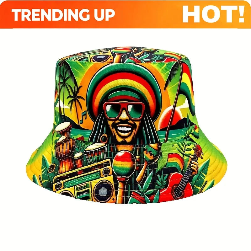 PENDRA Hip-hop Jamaican Character Print Double-sided Bucket Lightweight Fisherman Bucket Hat