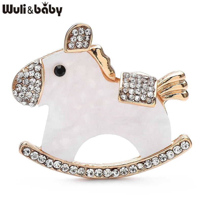 Wuli&baby Acrylic Trojan Brooches For Women Lady Cute Rhinestone Horse Party Casual Brooch Pins Gifts