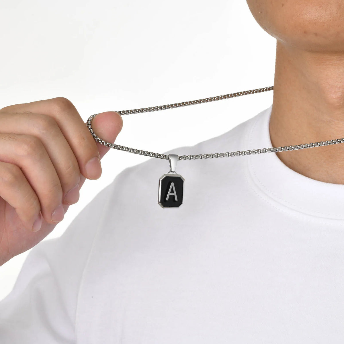 Stylish Initials Square Necklaces for Men Boys,A-Z 26 Letters Stainless Steel Pendant Collar Gifts,50/55/60/70cm