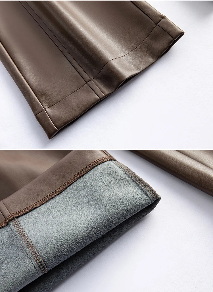 2025 autumn and winter new style leather pants elastic high waisted slim fit commute straight leg pants for women