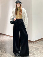Black Gold Velvet Wide Leg Pants Women Winter Velvet High Waist Drop Feel Straight Tube Versatile Casual Floor Pants