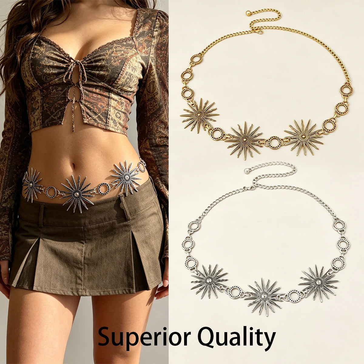Retro style women's metal waist chain Gothic Decorative Sun carved chain belt high style Vintage Western Cowgirl accessories
