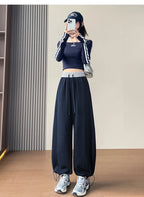 American style sports pants women in autumn and winter 2025 new style thick drawstring color blocking wide leg pants