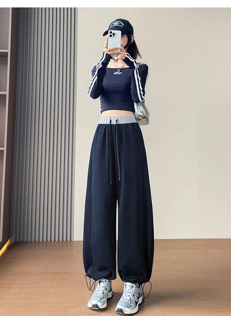 American style sports pants women in autumn and winter 2025 new style thick drawstring color blocking wide leg pants