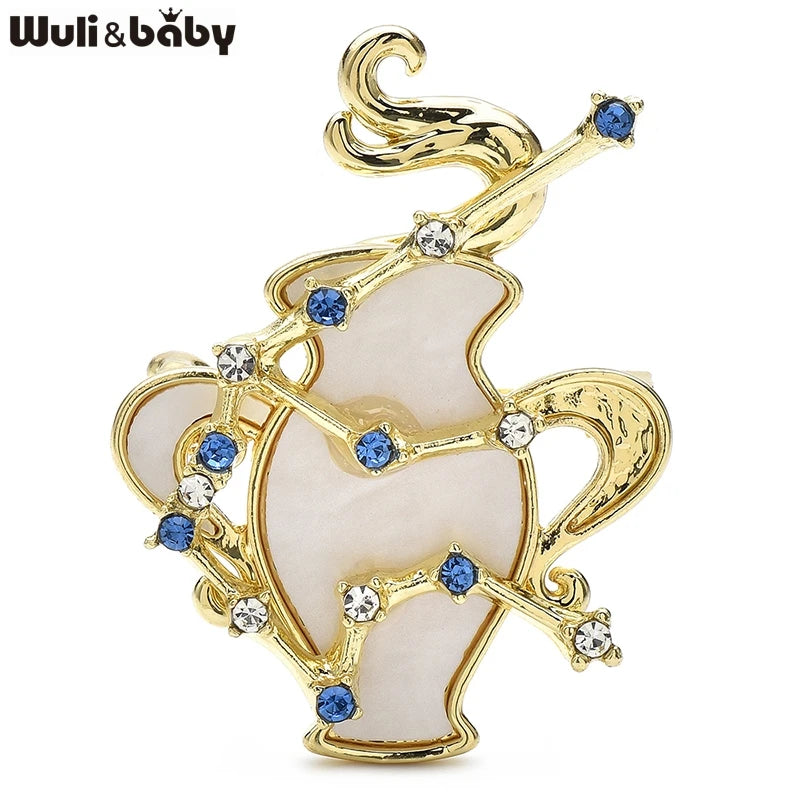 Wuli&baby Zodiac Aquarius Elegant Shell Brooch Sparkling Rhinestone Stars Brooches Pins Designer Jewelry Gift