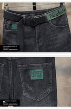 Winter Pants Brushed Denim Fabric Korean Style Clothes Luxury Street Men's Boots Cut Stretch Slim Plush Wool Thicken Jeans Pants