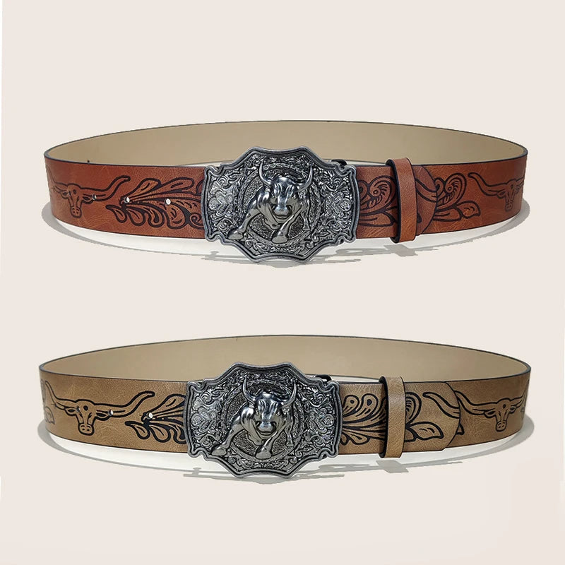 Western Leather Jeans Belts Plus Size Bull Buckle Cowboy Longhorn Bull Pattern Buckle Belt Floral Engraved Buckle Belt for Men