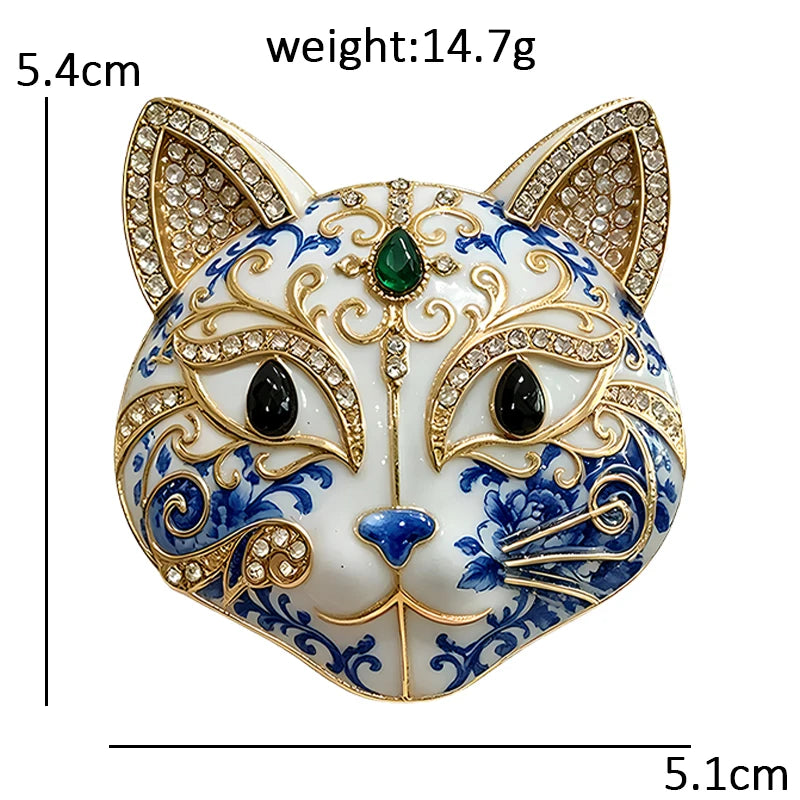 PENDRA Porcelain Cats Blue-and-White Rhinestone Brooch