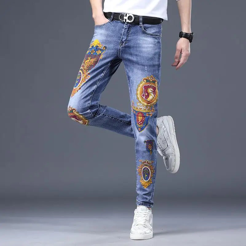 Spring Autumn Harajuku Fashion Art Craft Graphical Paintings 2000s Streetwear Male Slim Boyfriend Stylish Pants Denim Jeans Men