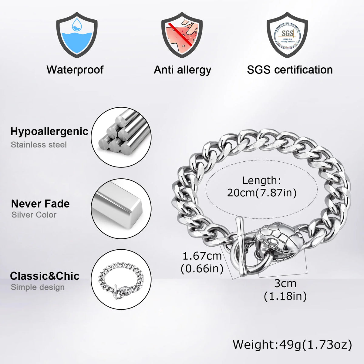 Rock Punk Men's Snake Head Chain Bracelet,11MM Stainless Steel Thick Chain Wristband,Birthday Party Gift for Him