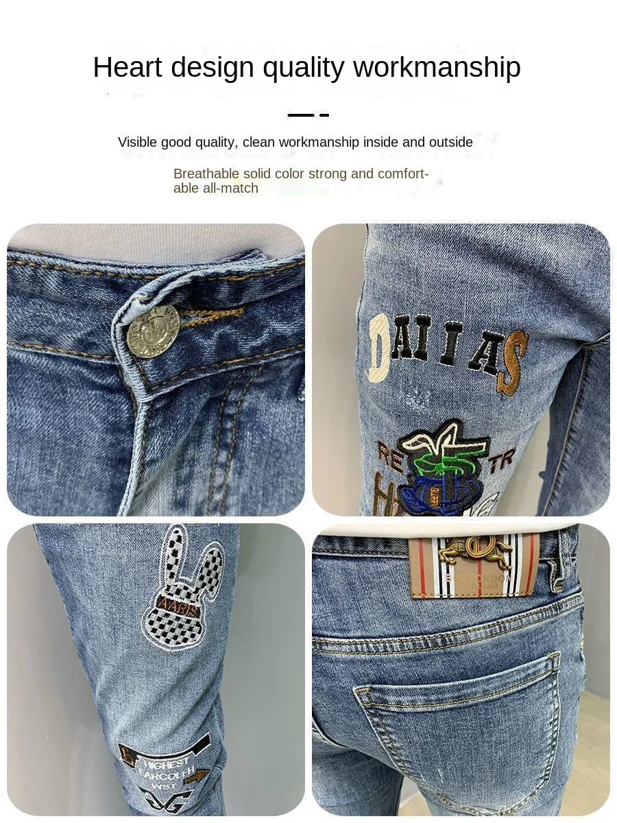 Luxury Brand Men's Slim Denim Jeans Casual Pencil Pants with Embroidery 2024 New Korean Fashion Autumn Summer Blue Long Pants