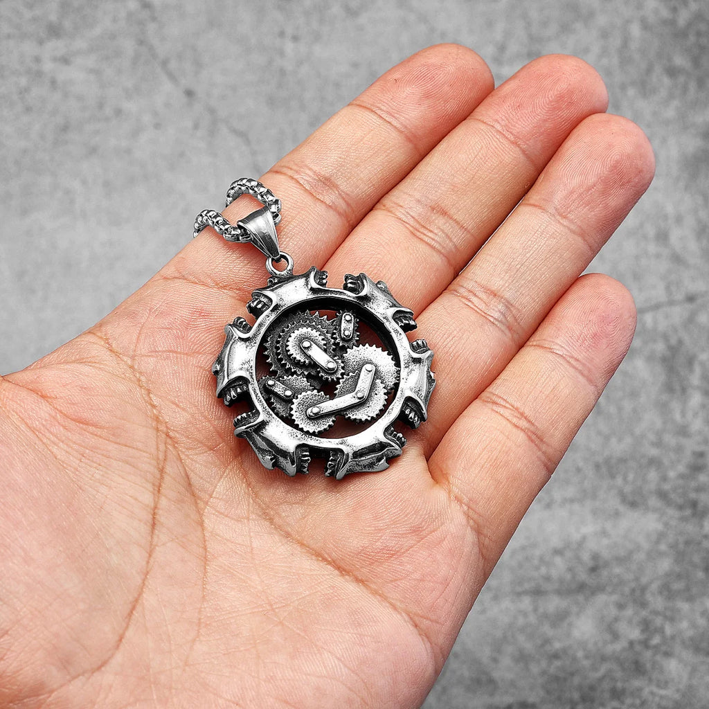 PENDRA Steampunk Gear Skull Steel Necklace