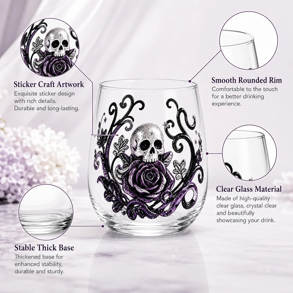 PENDRA Gothic Skull Silver-Glitter Purple-Rose Stemless Glass Tumbler