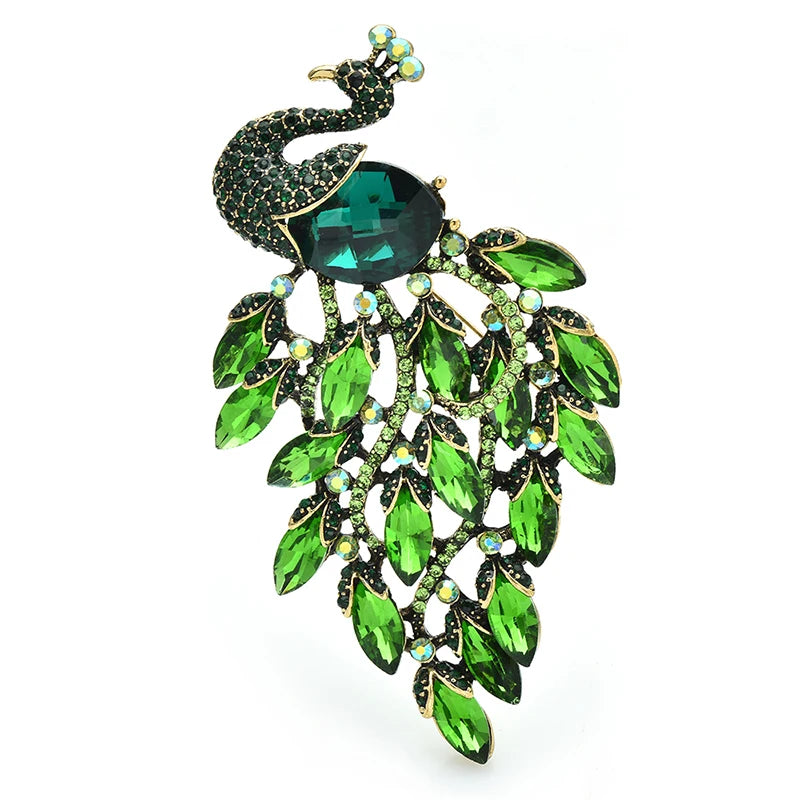 PENDRA Peacrest 3-Color Rhinestone Peacock Brooch