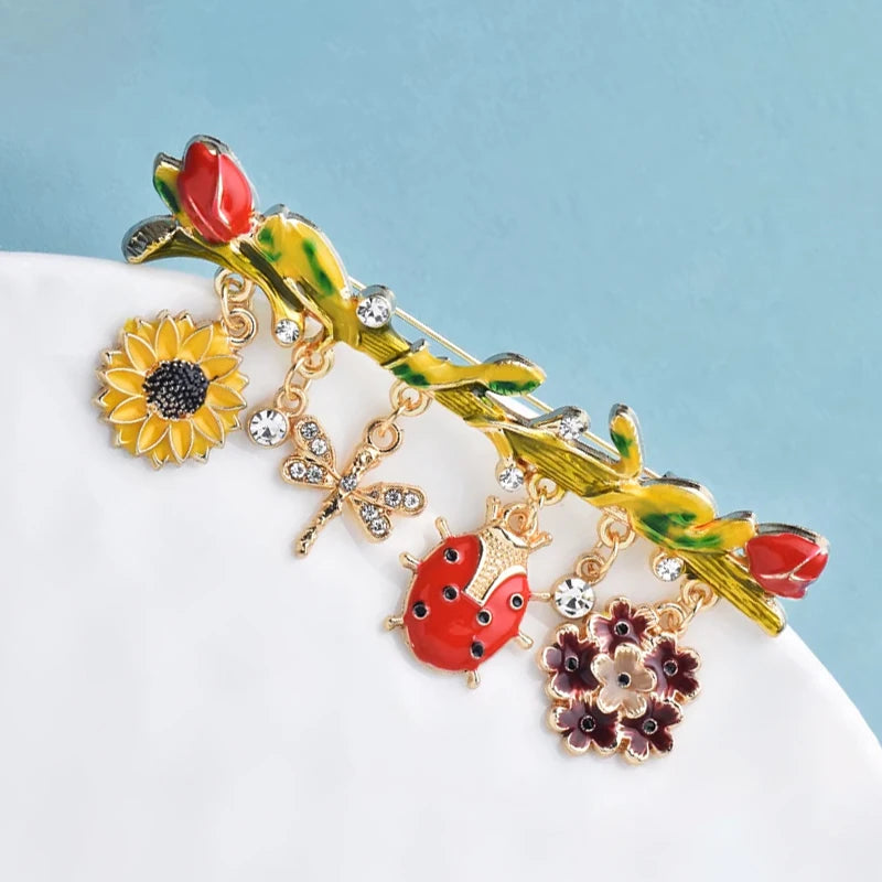 PENDRA Insectflora Cute Insect and Flower Brooch