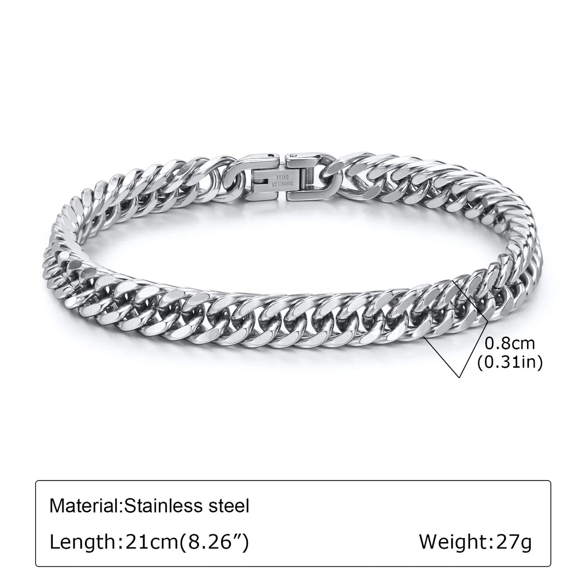 Punk Silver Color Men's Chain Bracelets,Hip Hop Stainless Steel Braided Link Wristband,Classic Metal Jewelry Gift for Him Dad