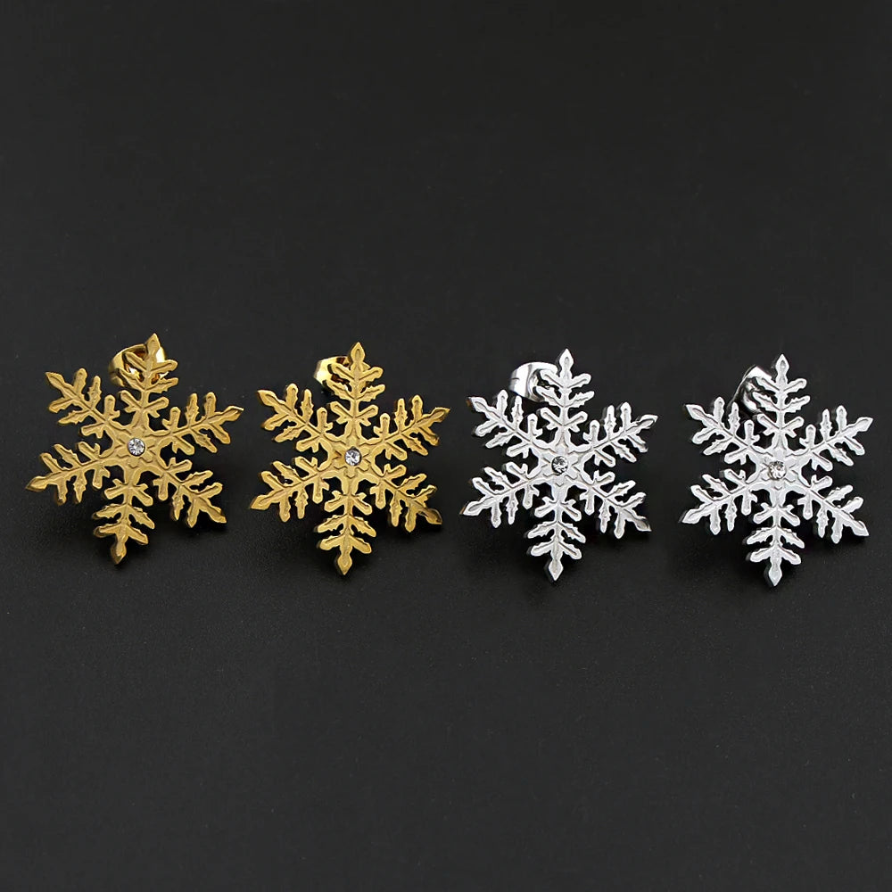 Stainless Steel Snowflake Stud Earrings Inlaid Crystal Winter Snow Flake Earrings Christmas Holiday Jewelry Gift for Women Girl